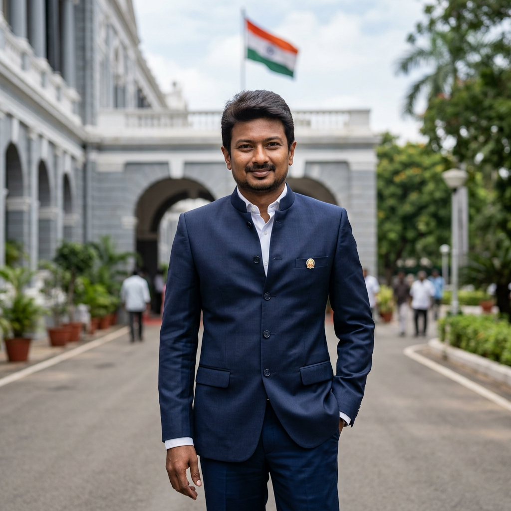 Man wearing a blue suit standing outside a government building with the Indian flag above