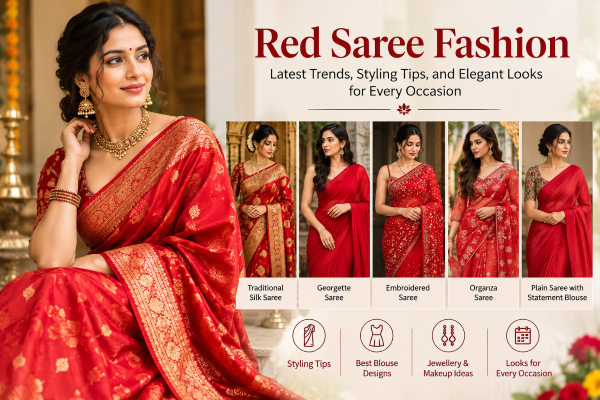 Red Saree Fashion Editorial Collage